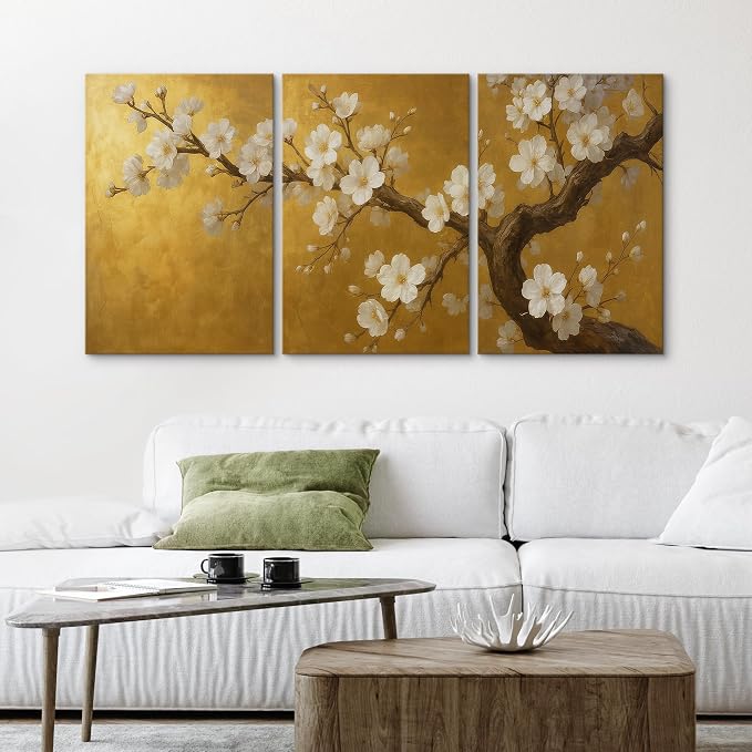 wall26 Canvas Print Wall Art Set Golden Cherry Blossom Tree Elegant Floral Illustrations Fine Art Decorative Botanical Rustic for Living Room, Bedroom, Office - 24"x36" x 3