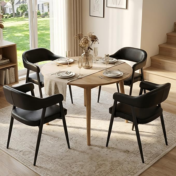 HNY Modern Dining Room Arm Chairs Set of 4, Retro Faux Leather Upholstered Barrel Dining Chairs with Arms Mid-Century Black Accent Chair with Metal Legs, Open-Back Kitchen Side Chair for Living Room