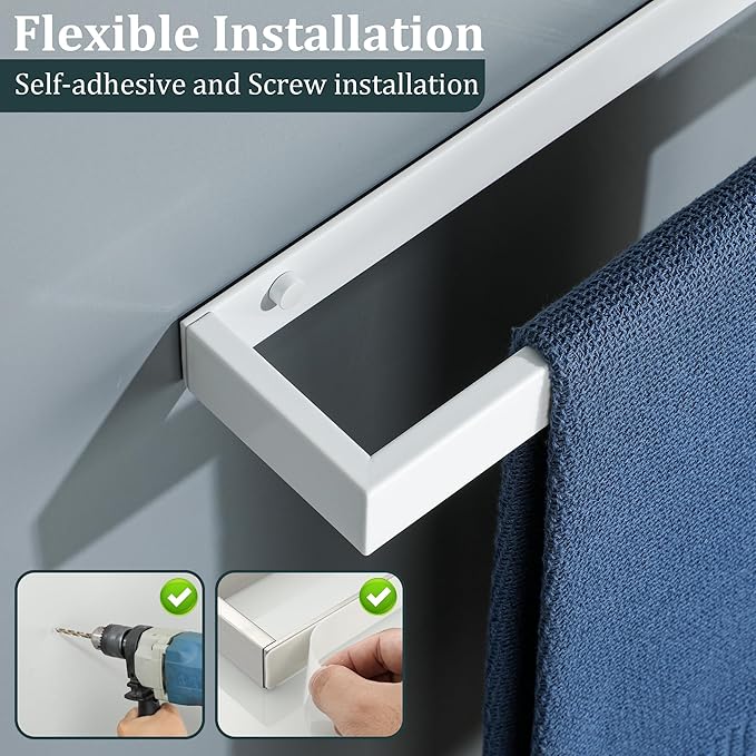 Sayayo White Towel Bar for Bathroom Wall, 10 Inch Hand Towel Holder, Screw or Self Adhesive Towel Ring Square SUS304 Stainless Steel, 3.2 Inch Wider Design
