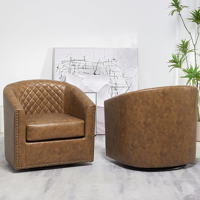 KINWELL 29" Wide Tufted Faux Leather Swivel Barrel Chair Set of 2, PU Leather Modern Upholstered Accent Chairs with Nailhead Trim, Small Armchair for Living Room Bedroom, Coffee