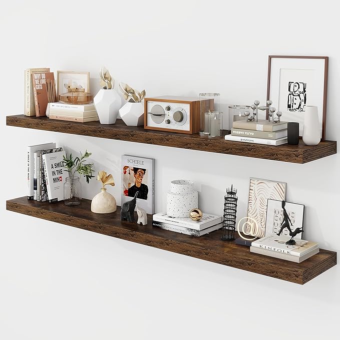 55 Inch Floating Shelves, 9.3" Deep Floating Shelf Wall Mounted, 56" Wall Shelves, Rustic Deep Bookshelf, Large Display Shelves & Storage Shelves for Bedroom, Living Room, Brown, Set of 2