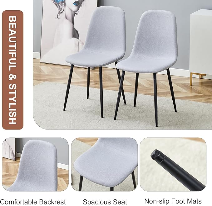 47" Round Dining Table Set for 6, Walnut Wood Grain Table and 6 Light Gray Linen Upholstered Chairs Set, Mid Century Modern Kitchen Table Set with Cross Legs
