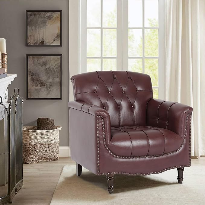Pia Ricco Faux Leather Armchair Set of 2, Modern Accent Chairs with Nailhead Trim and Solid Wood Legs, Upholstered Comfort for Living Room, Office, Bedroom - Wine Red