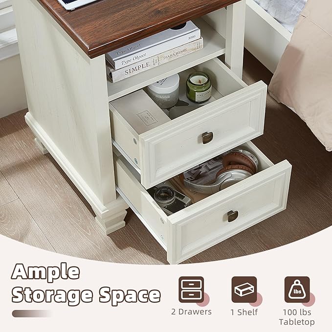 Farmhouse Nightstand Set of 2 with Charging Station, Antique Nightstands with Drawers, Bedside Table with Open Shelf for Bedroom, White