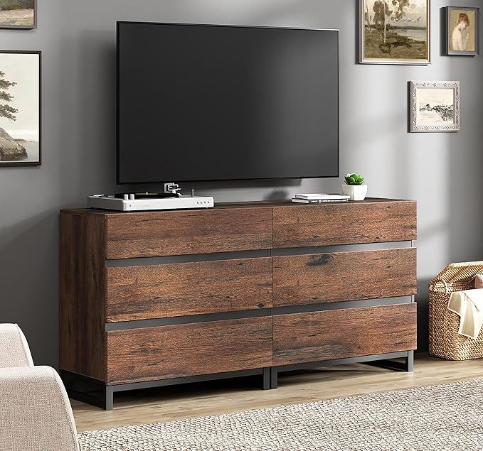 WAMPAT Dresser for Bedroom, Closet Organizers and Storage with 6 Drawers, Chest of Drawers with Metal Base, Modern Wood Dresser for Living Room, Entryway, Brown