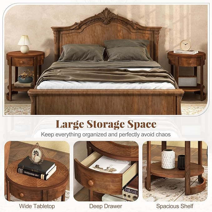 GOFLAME Round Side Table with Drawer, Retro 2-Tier Nightstand with Shelf & Wood Grains, Vintage Wooden Accent Table, Mid-Century Modern End Tables for Living Room, Bedroom, Walnut