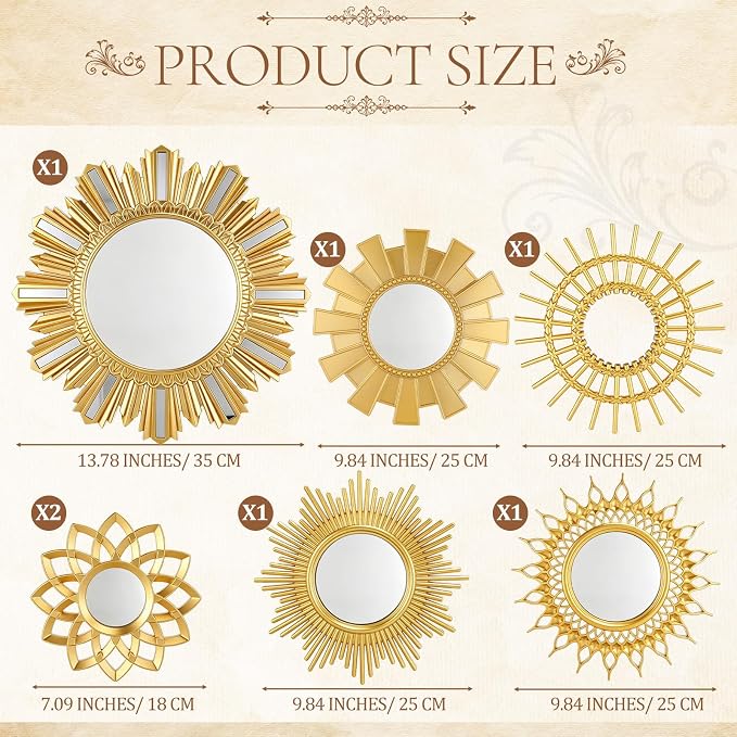 Gerrii 7 Pcs Gold Sunburst Mirror for Wall Decorative Gold Mirrors for Wall Decor Vintage Mirror Sets Hanging Round Decorative Mirrors Accessories for Art Entryway Living Room Home Decor Art Gifts
