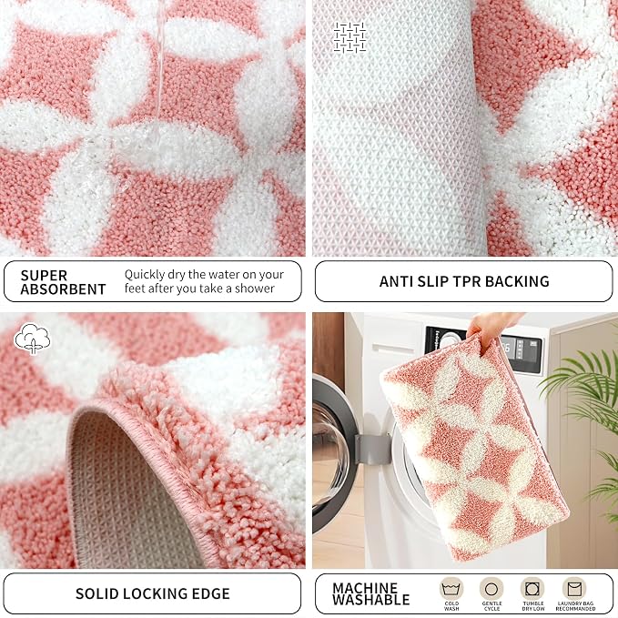 Civkor Pink and White Bathroom Rug Non Slip Washable, Cute Bath Mat for Bathroom with TPR Backing, Quick Dry Fluffy Microfiber Piles, Super Water Absorbent Thin Bath Rug Fit Under Door, 31x20Inch