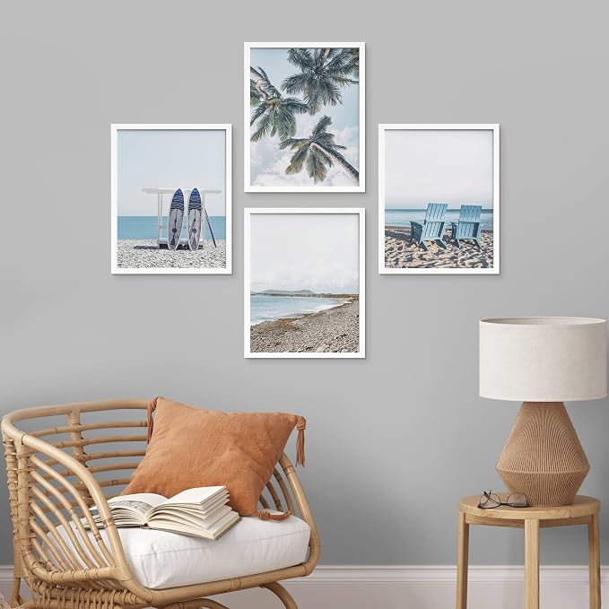 SIGNWIN Framed White Surfboard Tropical Palm Tree Beach Shore Wall Art, Set of 4 Landscape Colorful Wall Decor Prints, Nature Wilderness Wall Décor for Living Room, Bedroom - 11"x14" White