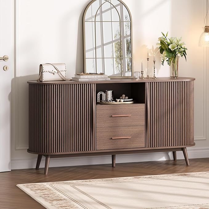 63" Sideboard Buffet Cabinet with Sliding Tambour Doors, Mid-Century Modern Accent Cabinet with Drawers & Solid Wood Legs, Fluted Storage Cabinet for Living Room, Dining Room, Walnut