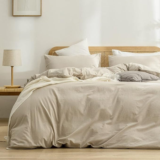 BESTOUCH Duvet Cover Set 100% Washed Cotton Linen Feel Super Soft Comfortable Chic Lightweight 3 PCs Home Bedding Set Solid Almond Milk Grey Super King Plus