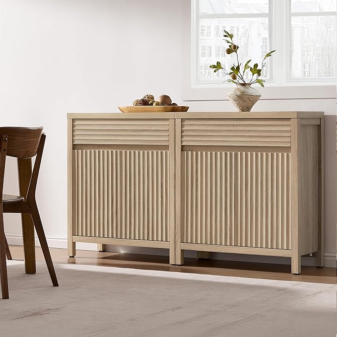 SICOTAS Sideboard Buffet Cabinet with Drawer - 58" Fluted Sideboard Modern Credenza with Doors & Adjustable Shelves, Farmhouse Coffee Bar Media Console for Living Room Kitchen Entryway, Light Oak