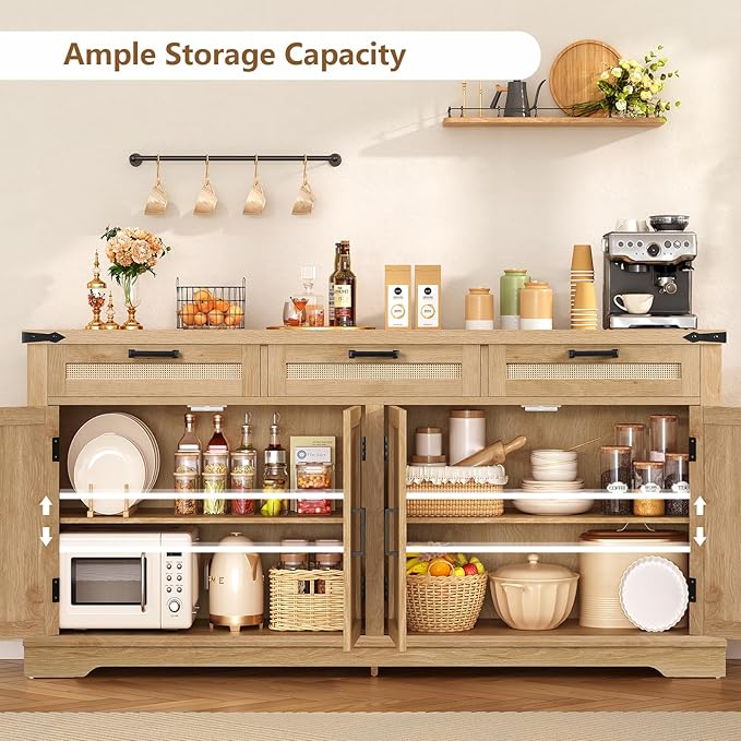 usikey Large Sideboard Buffet Cabinet with 4 Doors and 3 Drawers, Farmhouse Buffet Table, Dining Room Storage Cabinet for Kitchen or Living Room, Natural