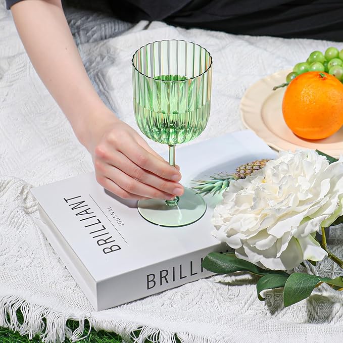 48 PCS Plastic Ribbed Wine Glasses 11oz Green Detachable Wine Goblet Unbreakable Vintage Ripple Water Goblets Cocktail Drinking Cups for Parties Weddings Poolside Outdoors