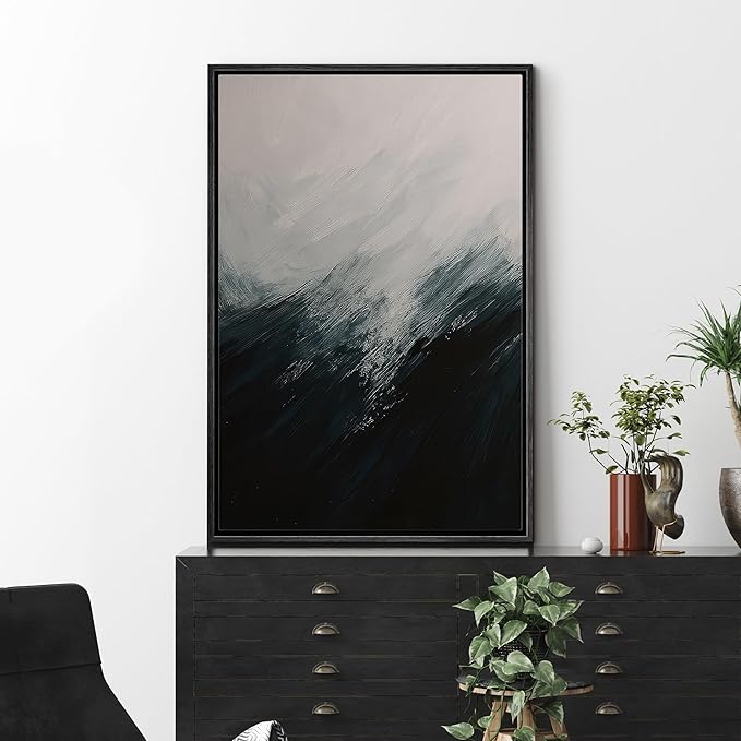 MUDECOR Framed Canvas Print Wall Art Dark Blue Brushstroke Abstract Ocean-Inspired Illustrations Fine Art Decorative Zen Multicolor Country/Farmhouse Retro for Bedroom - 24"x36" BLACK