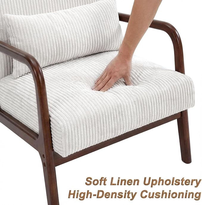 Mid Century Modern Accent Chair with Solid Rubberwood Frame, Comfy Corduroy Reading Armchair with Lumbar Pillow, Compact Lounge Chair for Bedroom, Living Room & Small Spaces