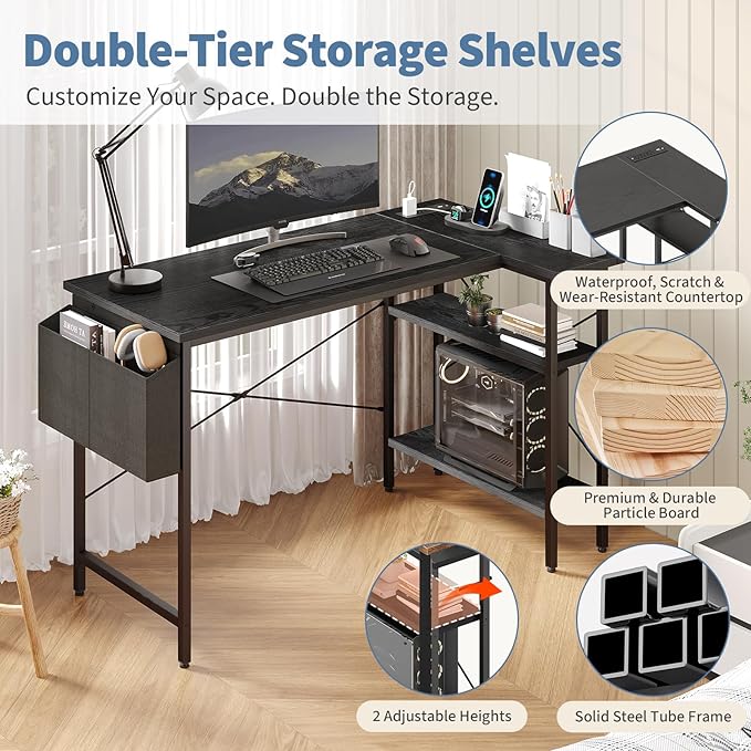 DUMOS 39" Corner Gaming Desk, L Shaped Computer Desk with 3AC+2USB+1Type-C Power Strip, Storage Shelves & Side Hanging Fabric Organizer, Black Gaming Workstation for Home Office and Bedroom