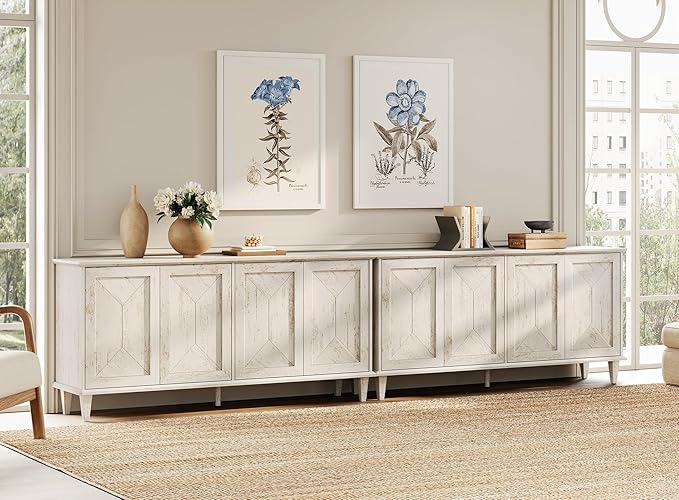 WAMPAT 130-inch Handcrafted Patchwork Decorative Buffet Cabinet with Pop-Up Design Doors,2-in-1 Large Modern Farmhouse Accent Credenza for Coffee Bar, Kitchen, and Living Room, Pale Oak