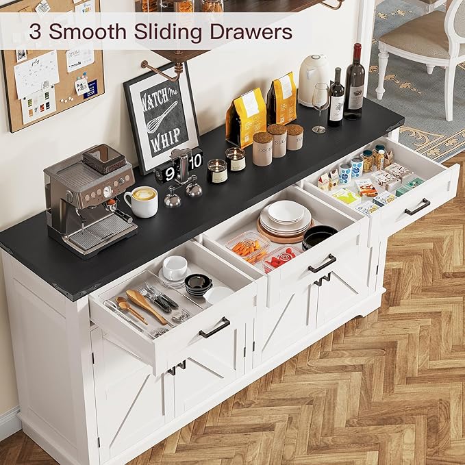 usikey 55”W Buffet Cabinet with 3 Large Drawers & 2 Adjustable Shelves, Modern Farmhouse Sideboard Buffet Cabinet with Storage, Credenza, Coffee Bar, White