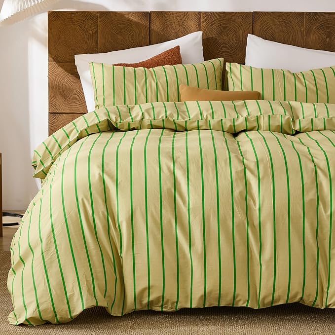 Merryword Striped Duvet Cover Set King Size - 100% Cotton Duvet Cover Set, Khaki & Green Stripes Pattern Comforter Cover 3 Pieces, Soft Linen Like Bedding Set for All Seasons