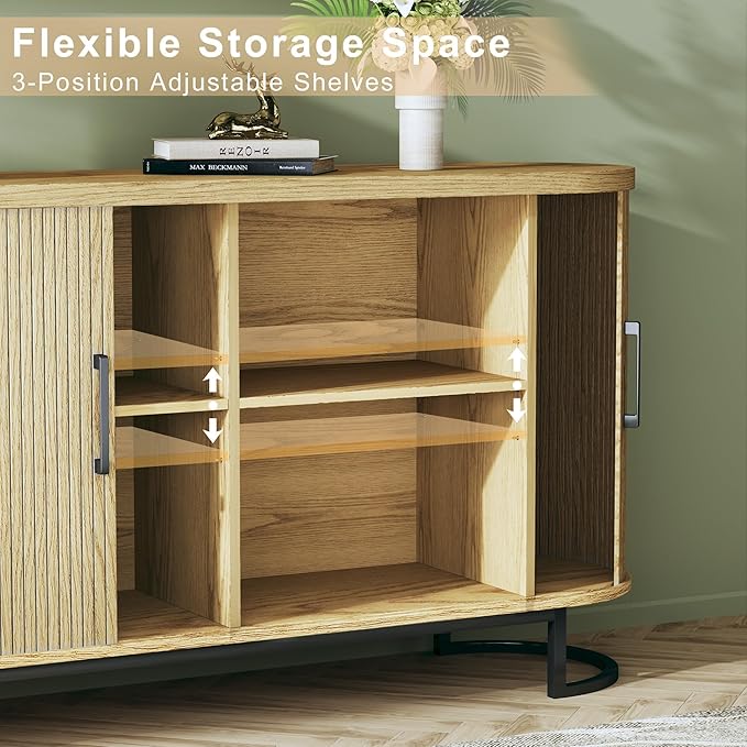 HUAHUU Sideboard Buffet Cabinet with Storage, 54.3" Fluted Tambour, Adjustable Shelves, Mid Century Modern Console for Living Room Kitchen