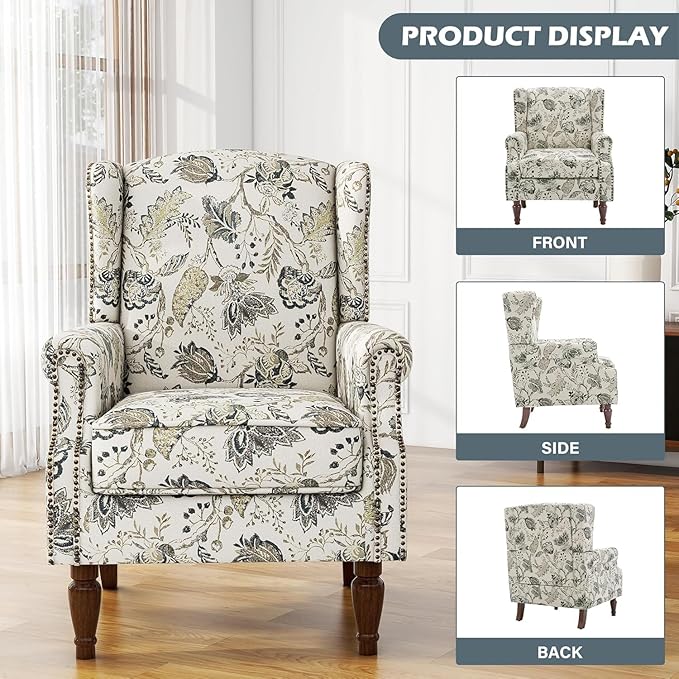 High Back Floral Accent Chairs Set of 2, Fabric Upholstered Armchair for Living Room, Retro Printed Wingback Arm Chair Nailhead Trim Single Sofa Bedroom Reading Seat - Beige Plants
