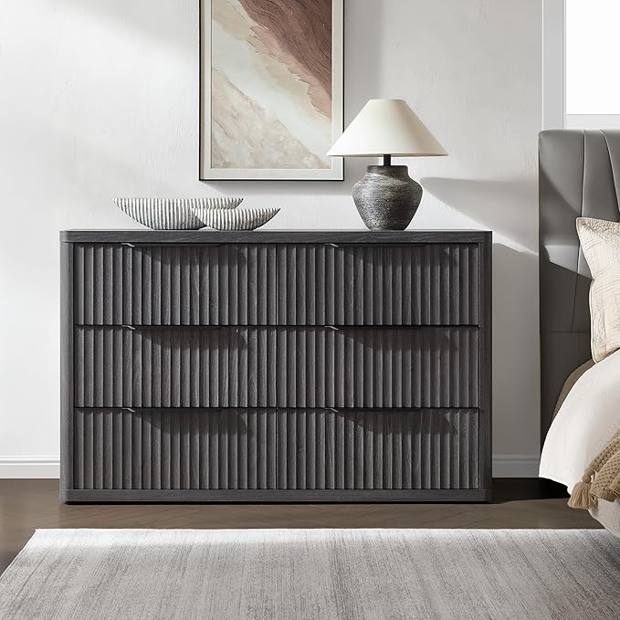 SICOTAS Dresser for Bedroom 53.5" Wide 6 Drawer Dressers & Chests of Drawers for Closet Long Large Modern TV Stand Set for Clothes Storage Fluted Clothes Closet for Hallway Entryway, Dark Grey Alder