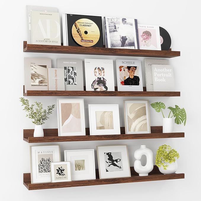 Axeman 30 Inch Floating Shelves | Walnut Picture Ledge Shelf Set of 4 | Rustic Wood Wall Shelves with Lip | 30" Walnut Picture Shelf for Wall with Ledge | Photo Shelves