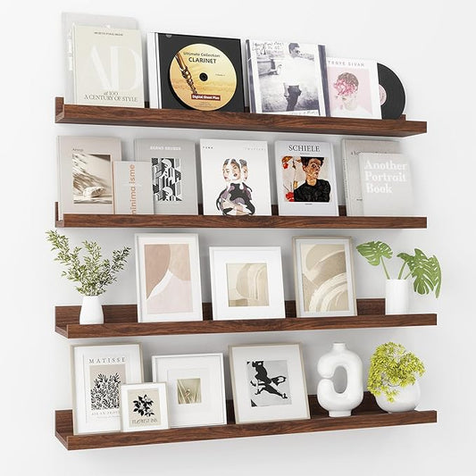 Axeman 30 Inch Floating Shelves | Walnut Picture Ledge Shelf Set of 4 | Rustic Wood Wall Shelves with Lip | 30" Walnut Picture Shelf for Wall with Ledge | Photo Shelves