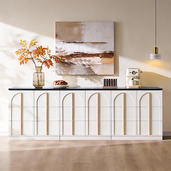ACCOHOHO Buffet Cabinet with Storage & Arched Doors, 31.5 Inch Wood Sideboard w/Adjustable Shelf, Modern Coffee Bar Tables Accent Cabinets for Living Room,Kitchen or Entryway (White, 3 Piece)