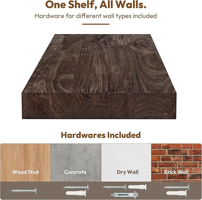 Vivelove Elm Wood Floating Shelves, Wooden Shelves for Wall with Invisible Bracket for Living Room Bedroom Bathroom Office Book, Rustic Farmhouse Display Shelf, 55 Inch Set of 1- Dark Walnut