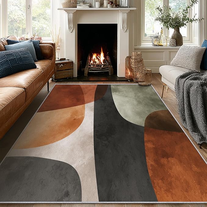 Mid Century Modern Rugs 5x7, Abstract Retro Art Washable 5 x 7 Area Rug for Living Room, Bedroom, Low Pile Non Slip Stain Resistant Carpet, Mid Century Home Decor Accessories & M931