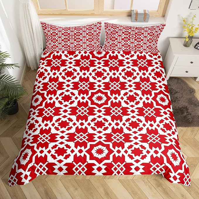 Erosebridal Red Geometric Floral Comforter Cover King for Kids Teens Adults,Elegant Retro Floral Duvet Cover,Abstract Flower Art Bedding Set,Modern Aesthetic Bed Set with 2 Pillowcases Bedroom Decor