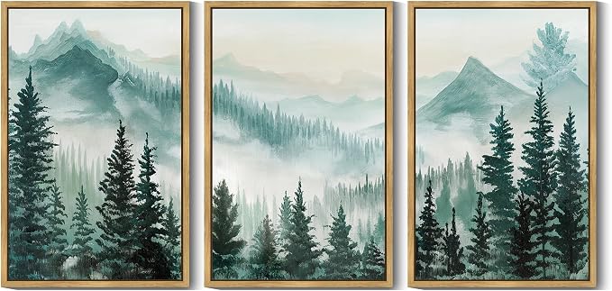 KUVIOKE Fog Pine Tree Mountain Landscape Framed Wall Art Watercolor Nature Misty Forest Painting Vintage Farmhouse Rustic Wall Decor for Bedroom Hallway 24x36in (Natural Framed)