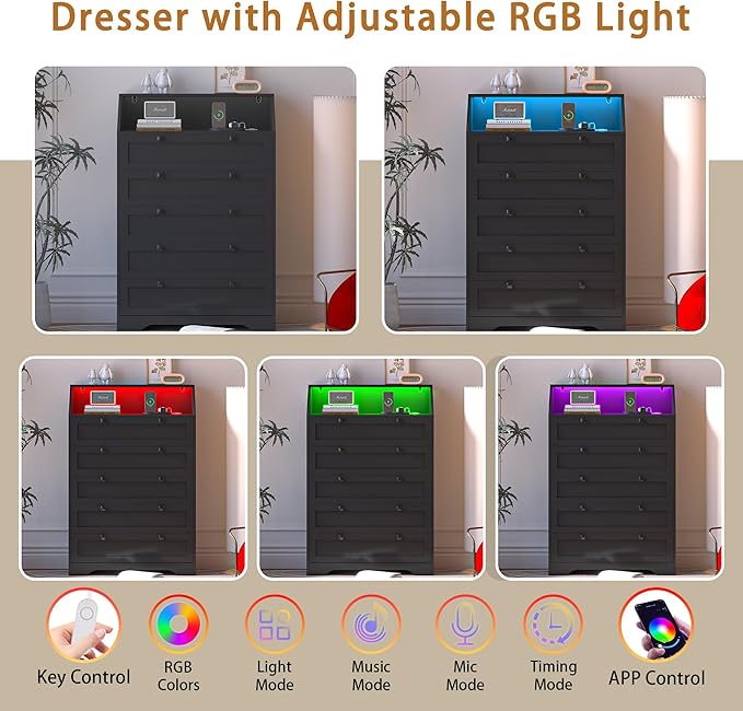 Black Dresser Tall 5 Drawer Dresser for Bedroom, Wood Chest of Drawers with LED Lights, Charging Station, Metal Handles, Modern Storage Cabinet and Organizer Drawers for Living Room, Hallway