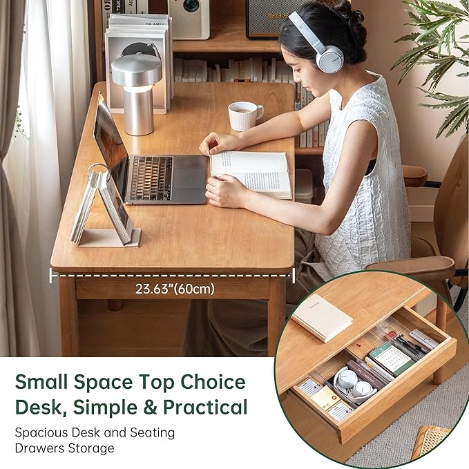 YESWOOD 100% Solid Wood Desk, Mid Century Modern Computer Desk, Home Office Writing Desk with Drawers for Study Living Room Natural Wood Color(47.24" W)