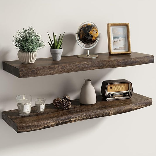 Fun Memories Floating Shelves for Wall Decor Set of 2-30 Inch Solid Elm Wood Live Edge - Rustic Walnut Wall Shelves with Invisible Brackets - for Living Room, Bedroom, Kitchen - Walnut Finish