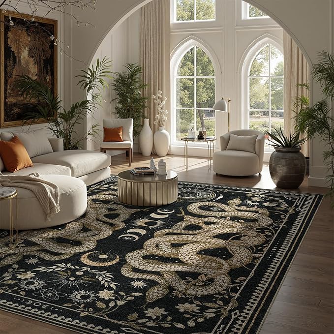 DCX Washable 5x7 Snake Rug, Black Gothic Rug for Living Room, Soft Low Pile Carpet, Kid & Pet Friendly with Rubber Back Non Slip, Stain Resistant Rug for Bedroom Dining Room Office
