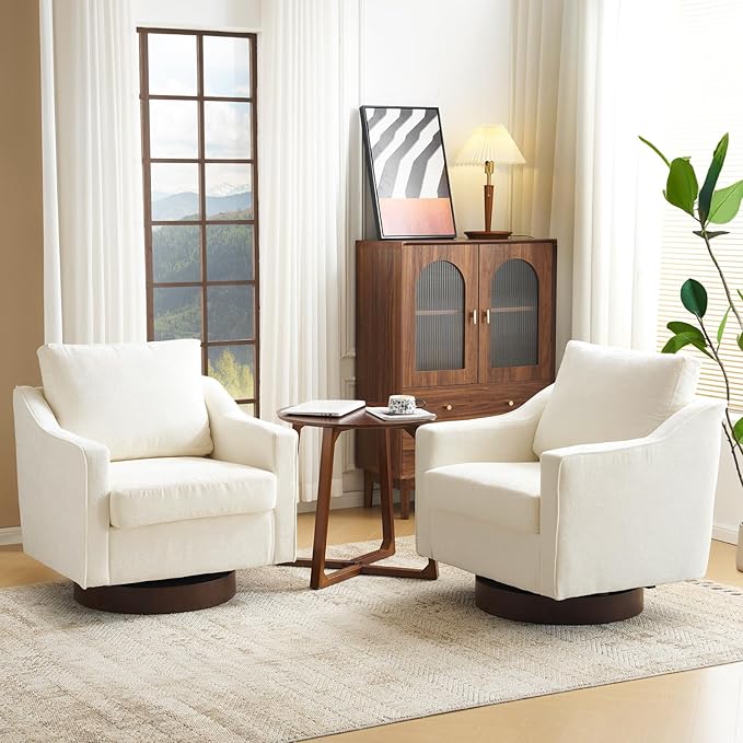 VINGLI Mid-Century Modern Swivel Accent Chairs Set of 2, 360°Upholstered Armchairs, Home Sofa with Track Arms for Living Room, Bedroom, Reading Room, Club Swivel Chairs, Chenille Beige