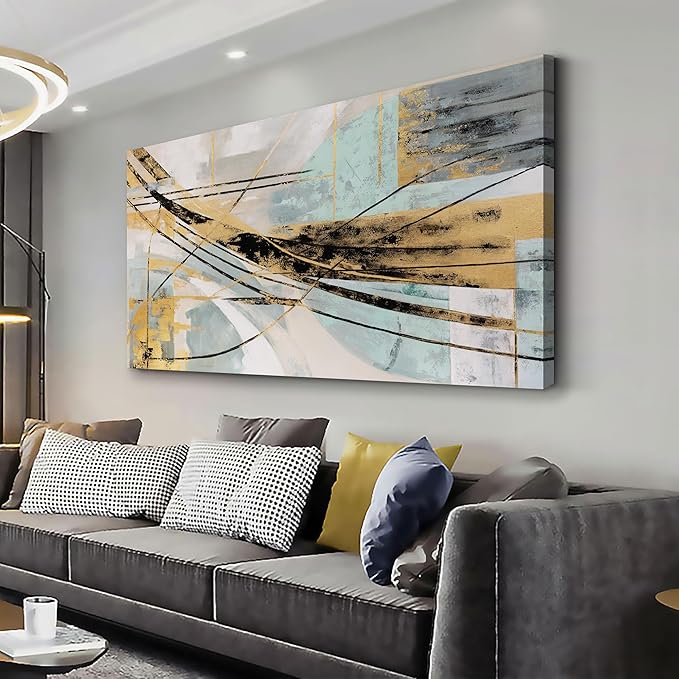 Abstract Wall Art Framed Wall Decor Modern Canvas Abstract Wall Art Black-Gold and Blue Grey Abstract Artwork for Living Room Bedroom Dining Room Home Office Decor 20"x40"