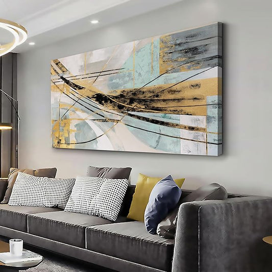 Abstract Wall Art Framed Wall Decor Modern Canvas Abstract Wall Art Black-Gold and Blue Grey Abstract Artwork for Living Room Bedroom Dining Room Home Office Decor 24"x48"