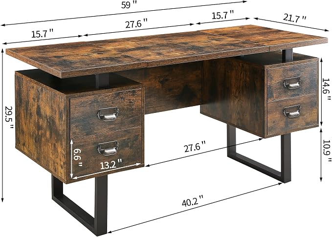 Computer Desk for Home Office with 4 Large Drawers, Rustic Wood Writing Study Table with Metal Frame, 59” x 21.7” x 29.5”, Easy Assembly, Vintage CTSZ20401RC