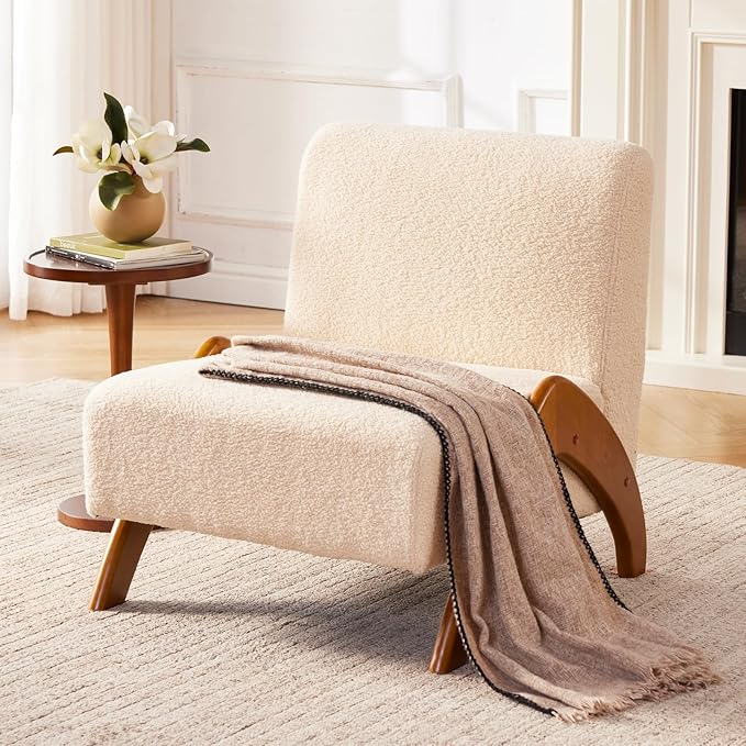 Oversized Accent Chair, upholstered armless mid Century Modern Living Room Chair with Wooden Legs for Bedroom/Office/Cafe, Sherpa Beige