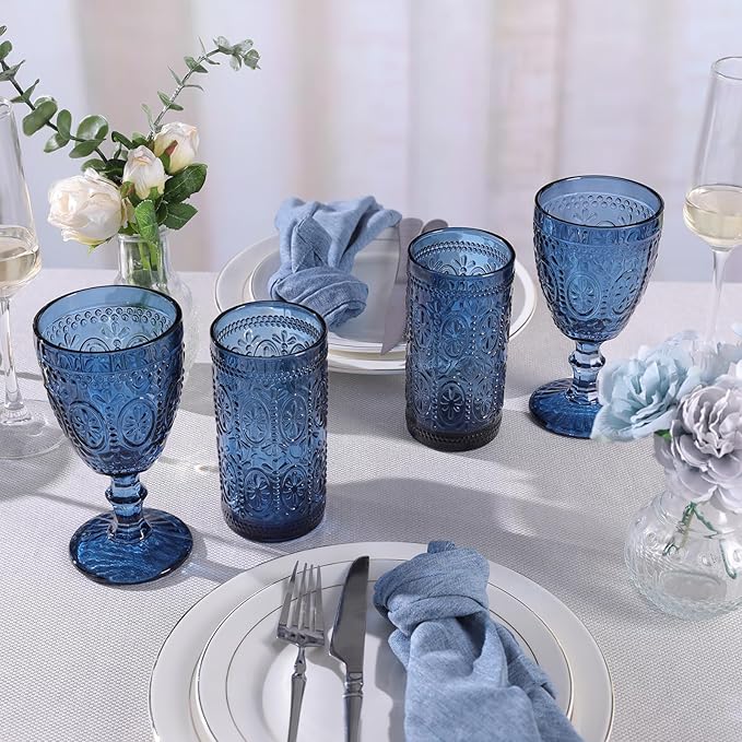 abrwyy Blue Wine Glasses set of 4, Blue Goblets, Vintage Drinking Glassware, Colored Glassware Set for Party Home Wedding Baby Shower