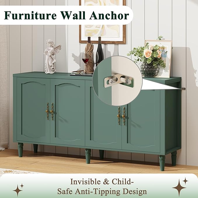 63" Sideboard Buffet Cabinet with Storage, Mid Century Modern Credenza with Adjustable Shelves & Carved Handle, Wood Kitchen Buffet Table Coffee Bar for Dining Room Living Room - Forest Green