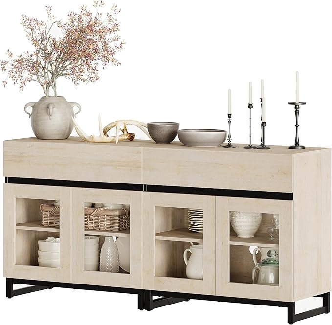 WAMPAT 63‘’ Multifunctional Sideboard Buffet Cabinets with 4 Glass Doors, Modern Sideboard Credenza, Coffee Bar Cabinet for Living Room, Kitchen, Light Oak