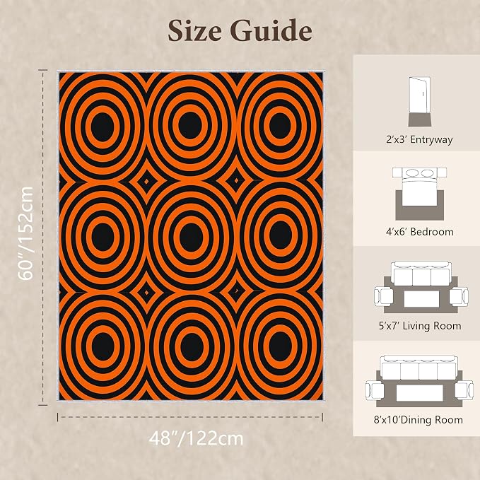 Retro Rings Area Rug 4x5, Optical Geometric Circle Rug, Bold Retro Pattern Carpet for Living Room Bedroom, Non Slip Soft Area Rug