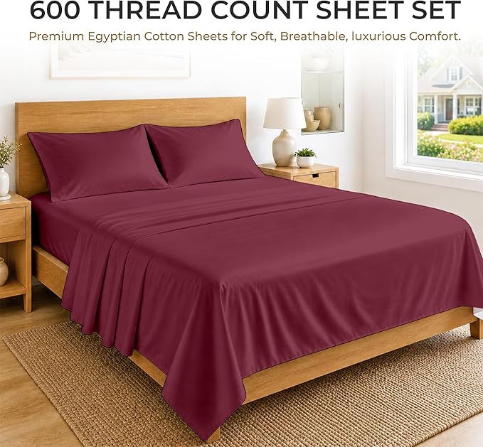 SGI bedding 100% Egyptian Cotton Sheets California King Size – 600 Thread Count Sheets Set, Soft, Cooling, 15" Deep Pocket, Luxury Hotel Bedding, Breathable, Durable - Burgundy