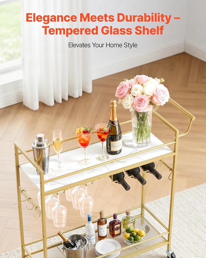 VEVOR Bar Cart, 2 Tiers Home Kitchen Serving Carts, Modern Rolling Utility Station on Wheel, Mobile Drink Beverage Trolley with Wooden & Mesh Shelf, Wine Rack, Glass Holder, 33.86x11.81x32.68 in, Gold