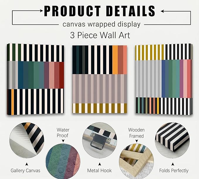 3pcs Abstract Stripes Canvas Wall Art Mid Century Modern Wall Decor Pictures Colorful Simple Line Posters Prints for Living Bedroom office Home Decoration Ready to Hang